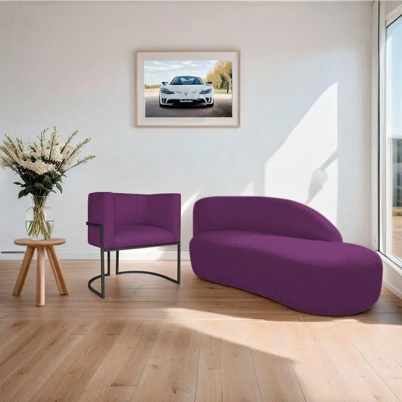 Kit Divã Luna 140cm Lado Direito E 01 Poltrona Base De Ferro Preto Suede Cor Roxo