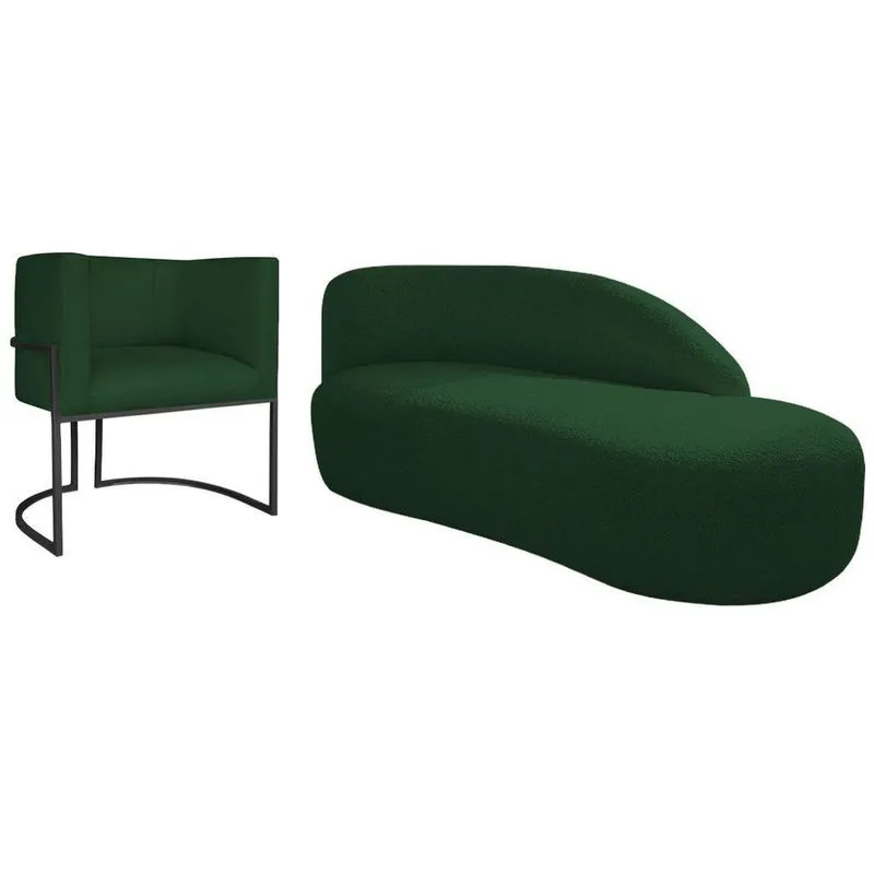 Kit Divã Luna 140cm Lado Direito E 01 Poltrona Base De Ferro Preto Suede Cor Verde