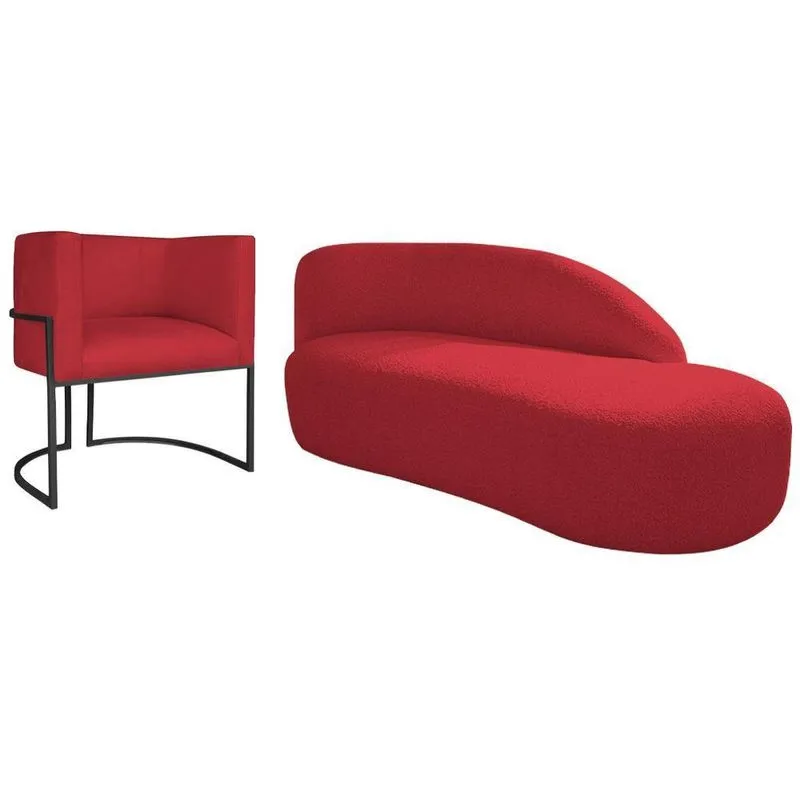 Kit Divã Luna 140cm Lado Direito E 01 Poltrona Base De Ferro Preto Suede Cor Vermelho