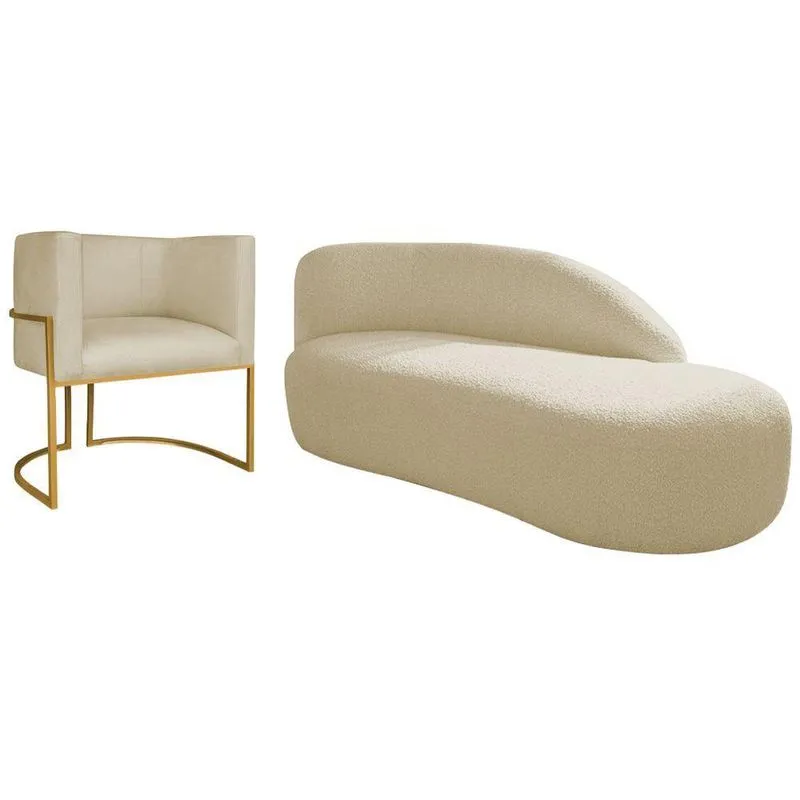 Kit Divã Luna 140cm Lado Direito E 01 Poltrona Base De Ferro Dourado Suede Cor Bege