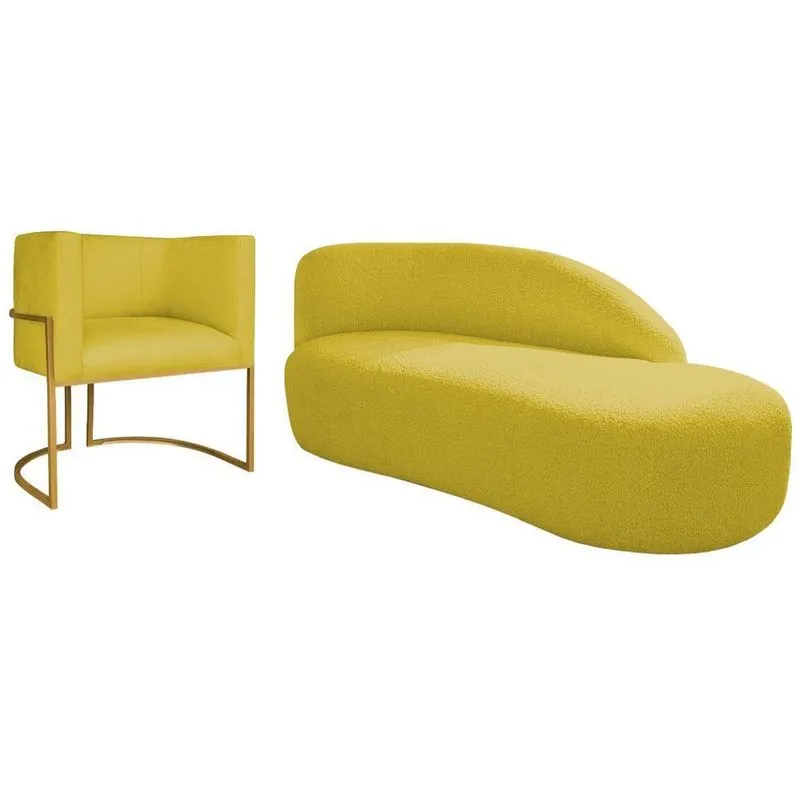 Kit Divã Luna 140cm Lado Direito E 01 Poltrona Base De Ferro Dourado Suede Cor Amarelo