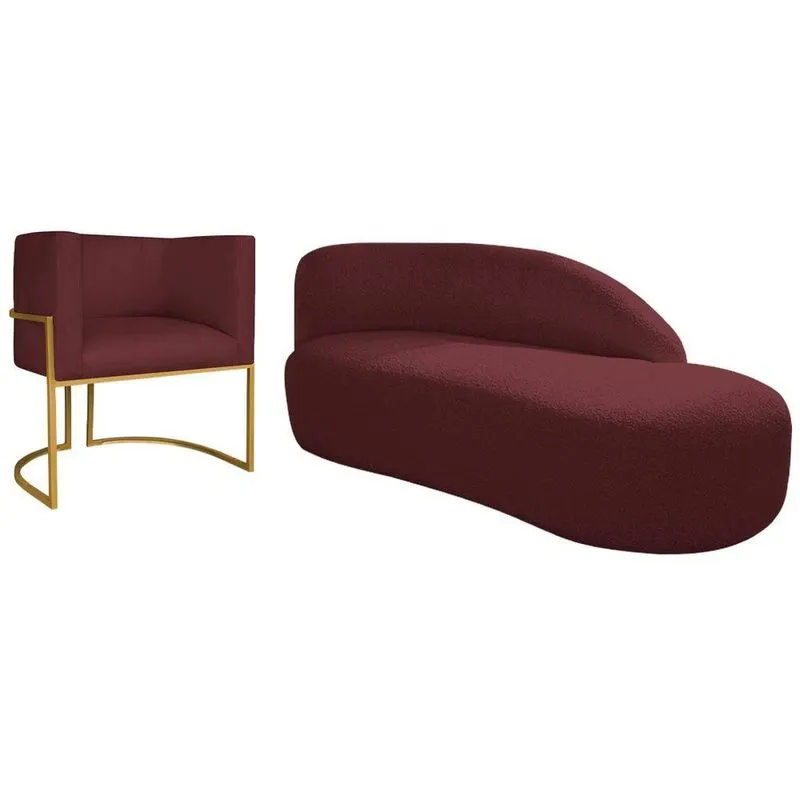 Kit Divã Luna 140cm Lado Direito E 01 Poltrona Base De Ferro Dourado Suede Cor Bordô