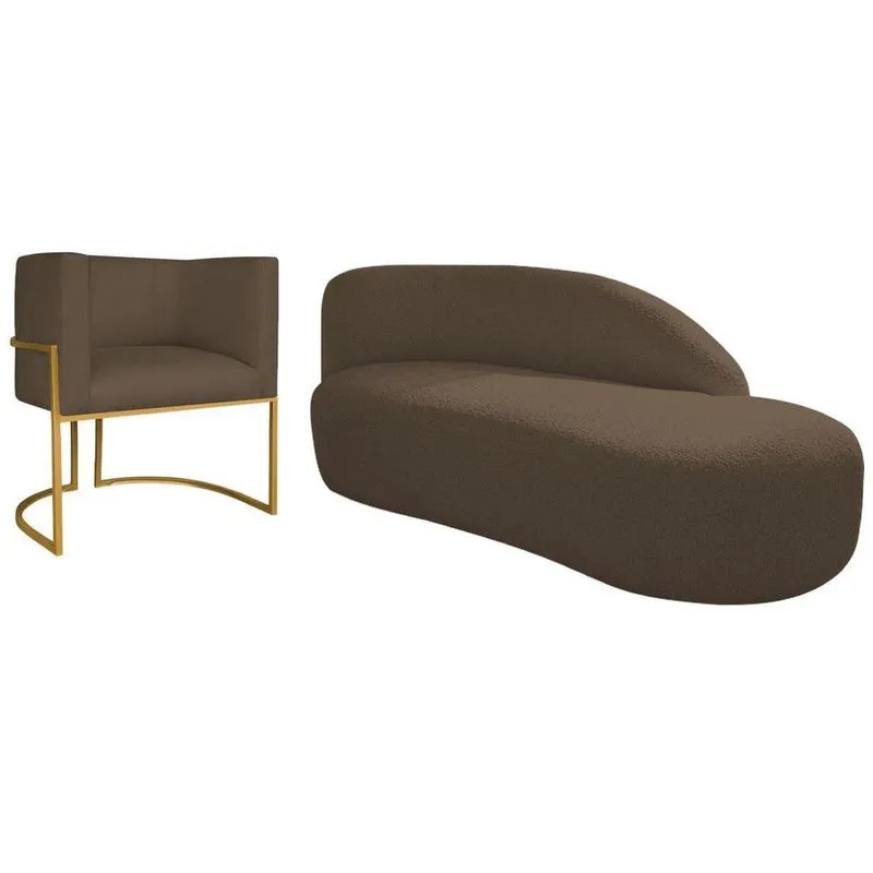 Kit Divã Luna 140cm Lado Direito E 01 Poltrona Base De Ferro Dourado Suede Cor Marrom