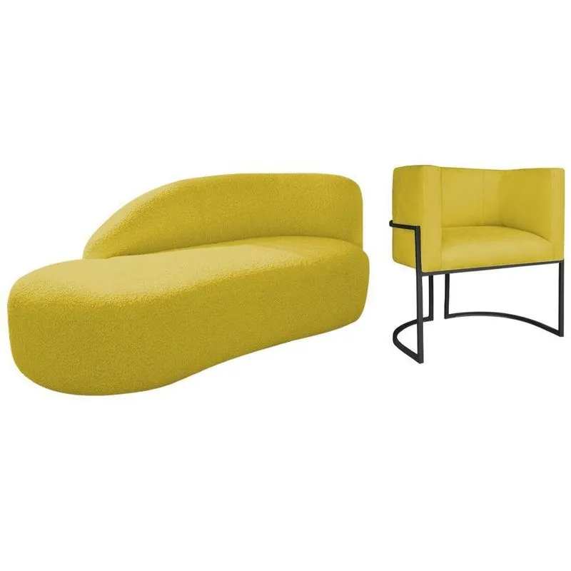 Kit Divã Luna 140cm Lado Esquerdo E 01 Poltrona Base De Ferro Preto Suede Cor Amarelo