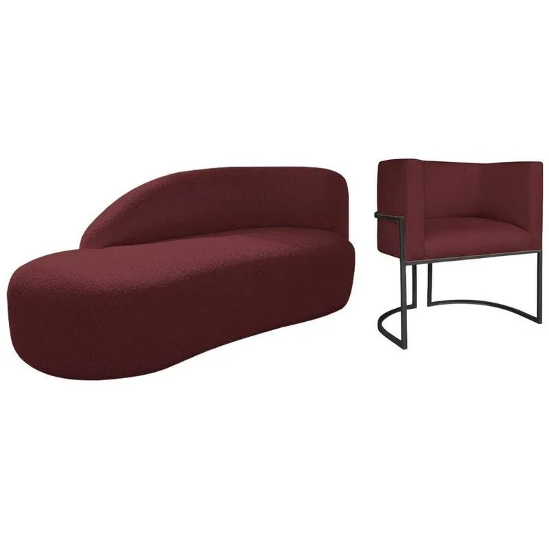 Kit Divã Luna 140cm Lado Esquerdo E 01 Poltrona Base De Ferro Preto Suede Cor Bordô