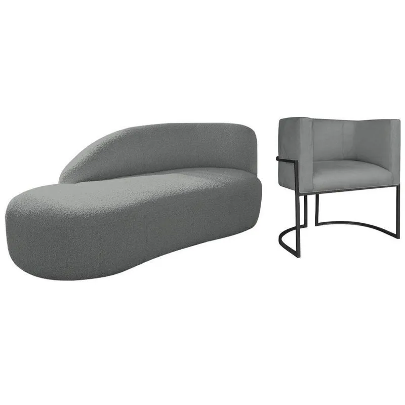 Kit Divã Luna 140cm Lado Esquerdo E 01 Poltrona Base De Ferro Preto Suede Cor Cinza