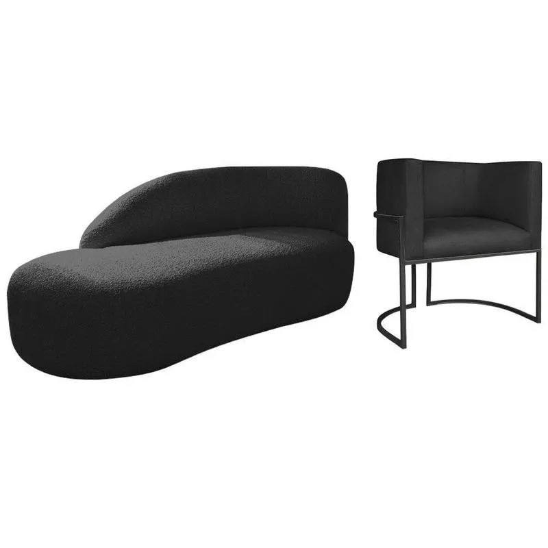 Kit Divã Luna 140cm Lado Esquerdo E 01 Poltrona Base De Ferro Preto Suede Cor Preto