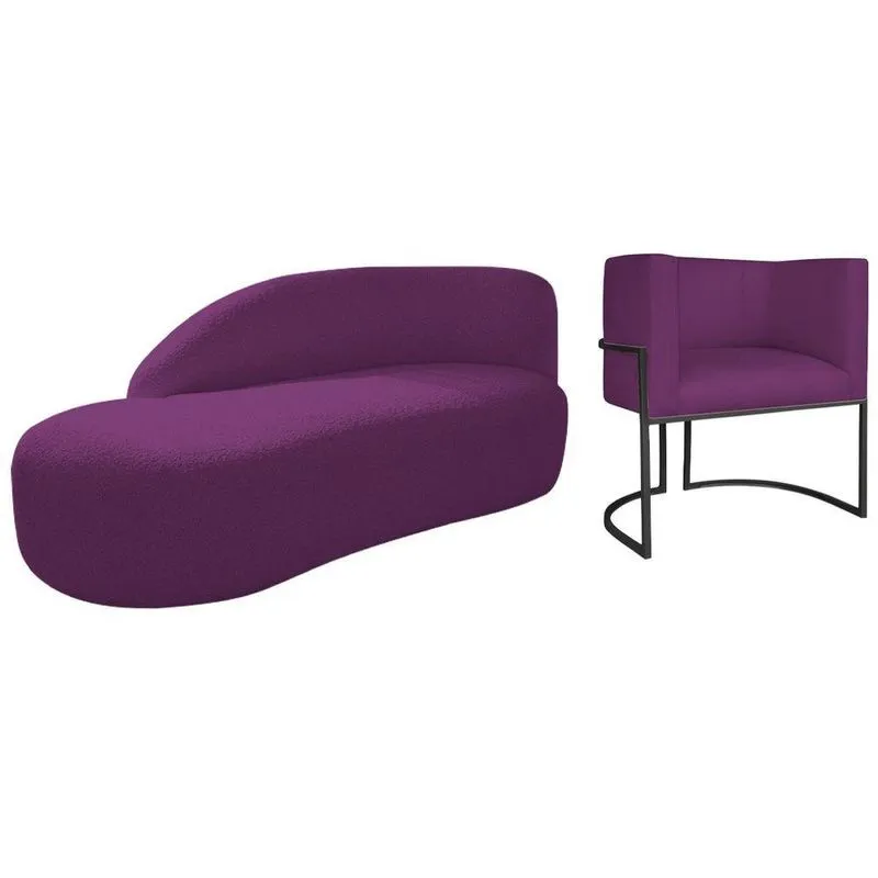 Kit Divã Luna 140cm Lado Esquerdo E 01 Poltrona Base De Ferro Preto Suede Cor Roxo