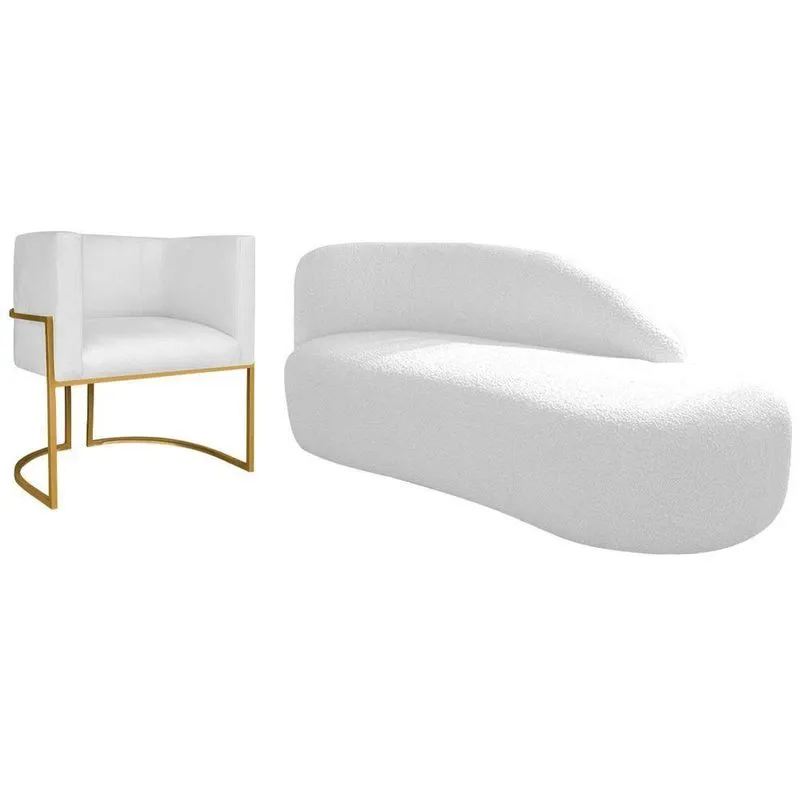 Kit Divã Luna 160cm Lado Direito E 01 Poltrona Base De Ferro Dourada Suede Cor Branco