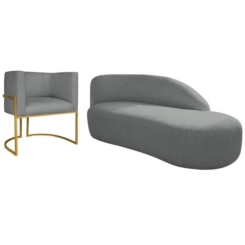 Kit Divã Luna 160cm Lado Direito E 01 Poltrona Base De Ferro Dourada Suede Cor Cinza