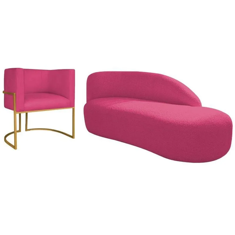 Kit Divã Luna 160cm Lado Direito E 01 Poltrona Base De Ferro Dourada Suede Cor Pink