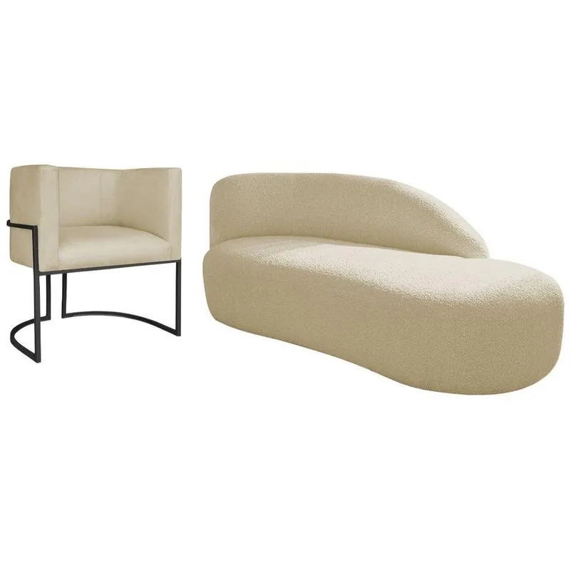 Kit Divã Luna 160cm Lado Direito E 01 Poltrona Base De Ferro Preto Suede Cor Bege