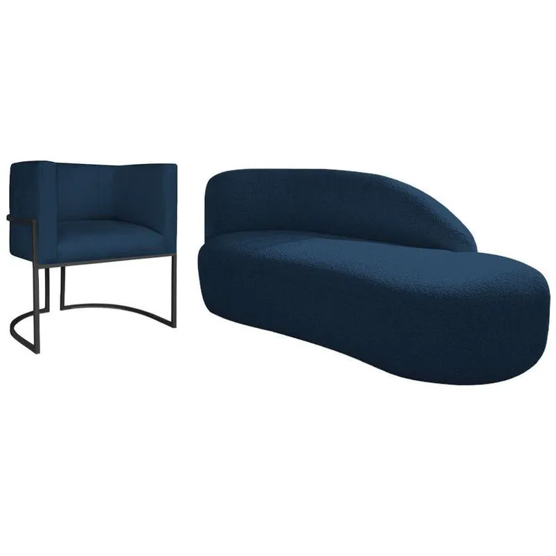 Kit Divã Luna 160cm Lado Direito E 01 Poltrona Base De Ferro Preto Suede Cor Azul Marinho