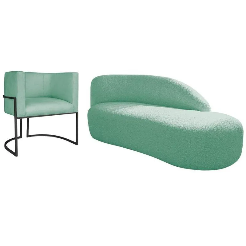Kit Divã Luna 160cm Lado Direito E 01 Poltrona Base De Ferro Preto Suede Cor Azul Tiffany