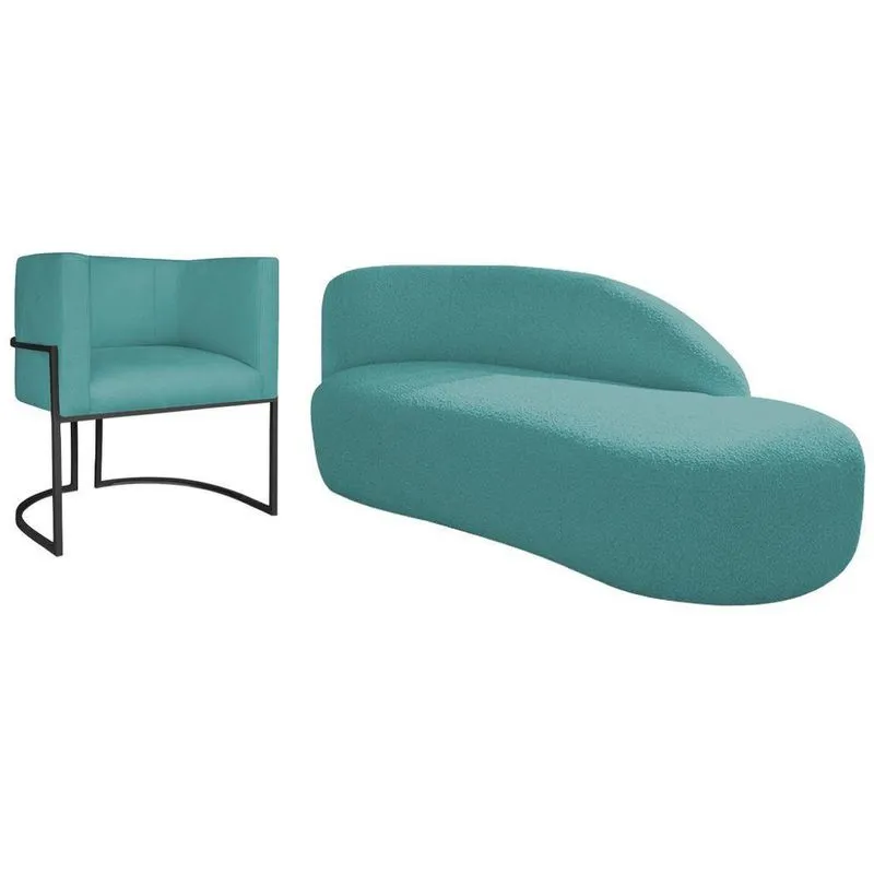 Kit Divã Luna 160cm Lado Direito E 01 Poltrona Base De Ferro Preto Suede Cor Azul Turquesa