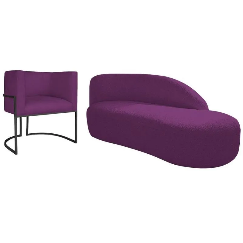 Kit Divã Luna 160cm Lado Direito E 01 Poltrona Base De Ferro Preto Suede Cor Roxo