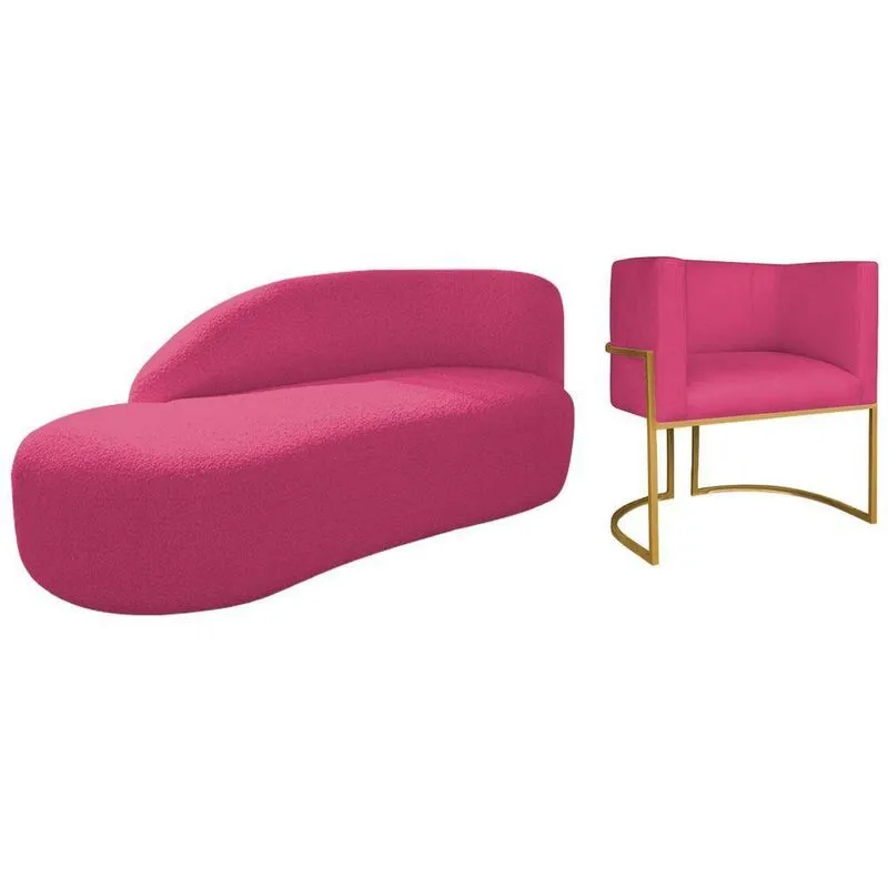 Kit Divã Luna 160cm Lado Esquerdo E 01 Poltrona Base De Ferro Dourado Suede Cor Pink