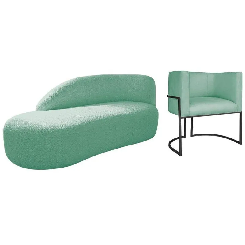 Kit Divã Luna 160cm Lado Esquerdo E 01 Poltrona Base De Ferro Preto Suede Cor Azul Tiffany