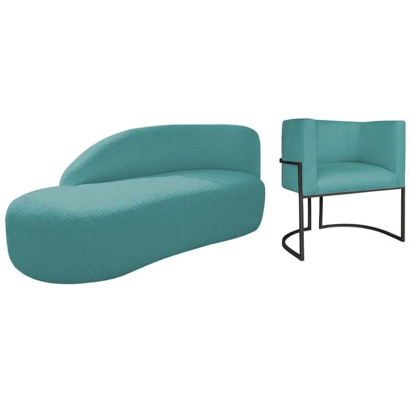 Kit Divã Luna 160cm Lado Esquerdo E 01 Poltrona Base De Ferro Preto Suede Cor Azul Turquesa