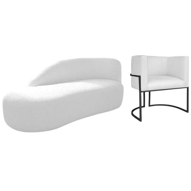 Kit Divã Luna 160cm Lado Esquerdo E 01 Poltrona Base De Ferro Preto Suede Cor Branco