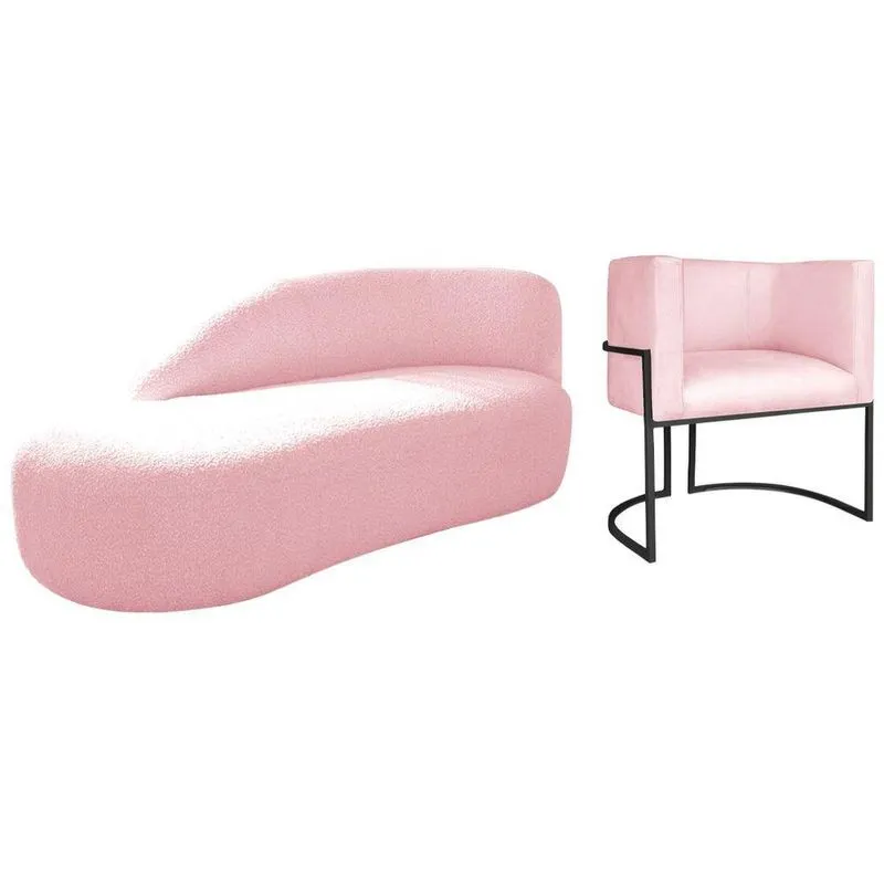 Kit Divã Luna 160cm Lado Esquerdo E 01 Poltrona Base De Ferro Preto Suede Cor Rosa Bebê