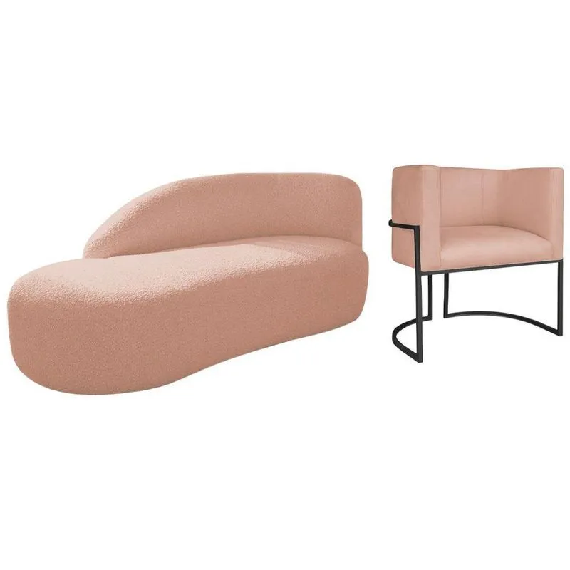 Kit Divã Luna 160cm Lado Esquerdo E 01 Poltrona Base De Ferro Preto Suede Cor Rosê