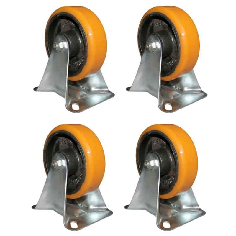 Kit 4 Rodinhas 127Mm Ferro Com Poliuretano 5'' Placa Fixa