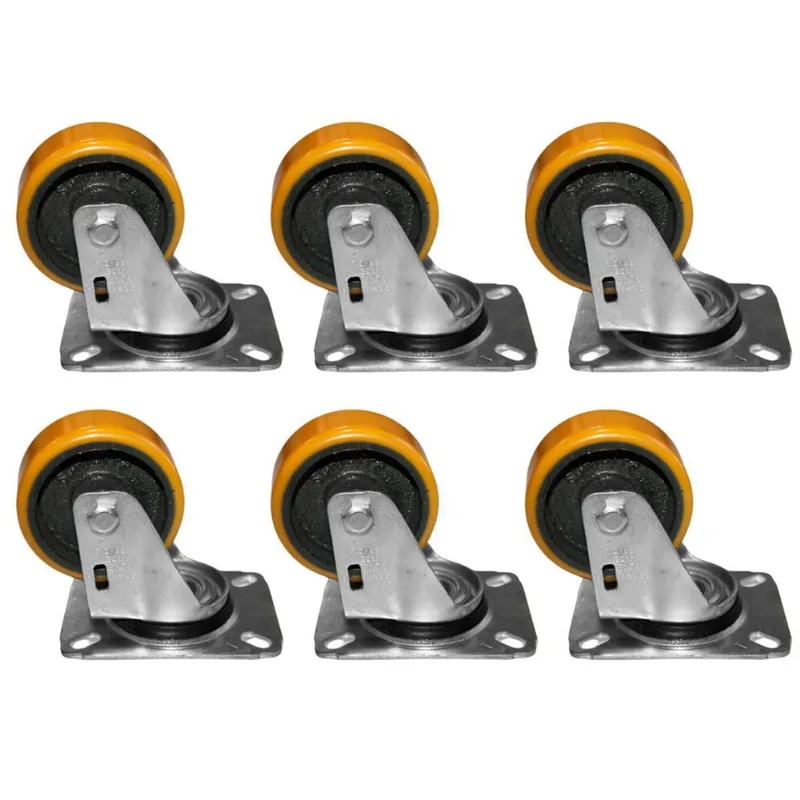 Kit 6 Rodas 75Mm Ferro Com Poliuretano 3'' Placa Giratória