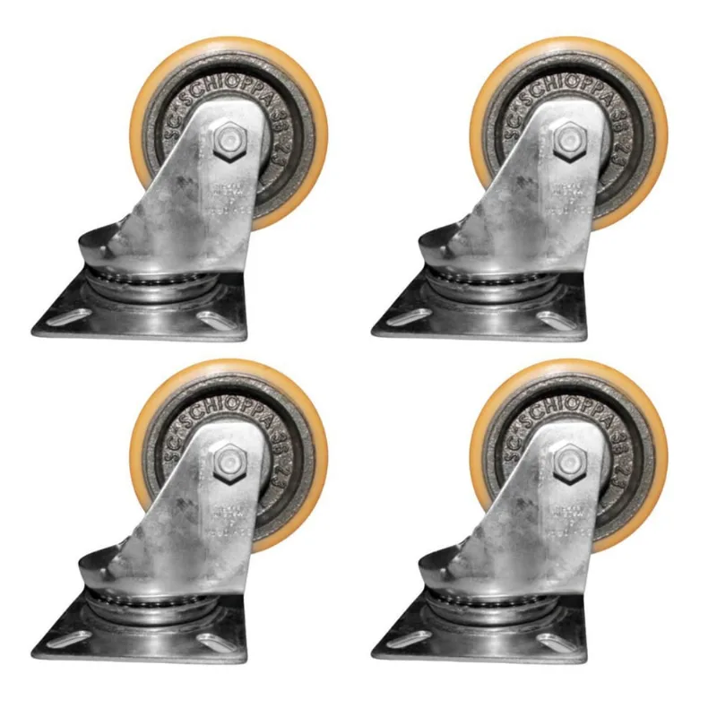 Kit 4 Rodas 100Mm Ferro/Poliuretano 4''/Placa Giratória