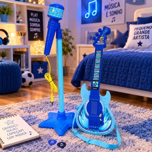 Guitarra Infantil com Microfone e Pedestal Karaokê MP3 - Azul