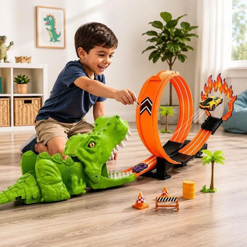 Kit Pista Lança Carrinhos Dinossauro Looping Com Carrinho De Metal 03 Peças