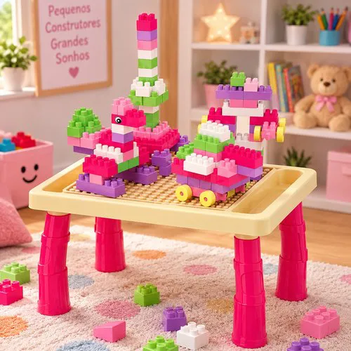 Mesa Didática Infantil com 100 Peças Blocos de Montar e Figurinhas - Rosa