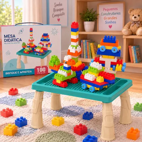 Mesa Didática Infantil com 100 Peças Blocos de Montar e Figurinhas - Verde Água