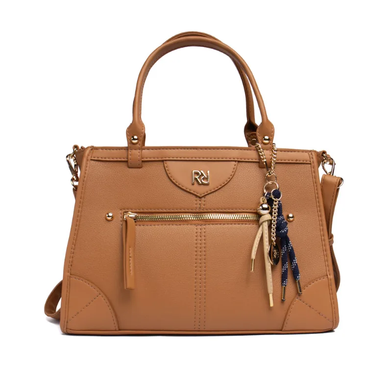 Bolsa Feminina Rafitthy Tote Zíper e Logo com Adereços Média Caramelo - U