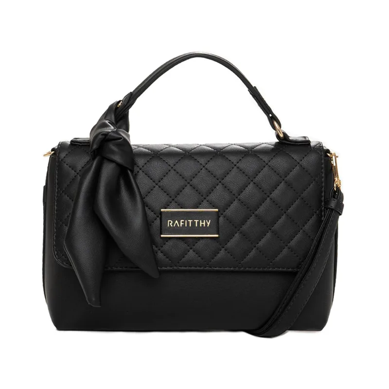 Bolsa Feminina Rafitthy Transversal Pequena com Laço e Costuras Preto - U