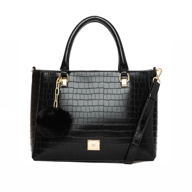 Bolsa Feminina Rafitthy Tote Média Croco com Pompom Preto - U