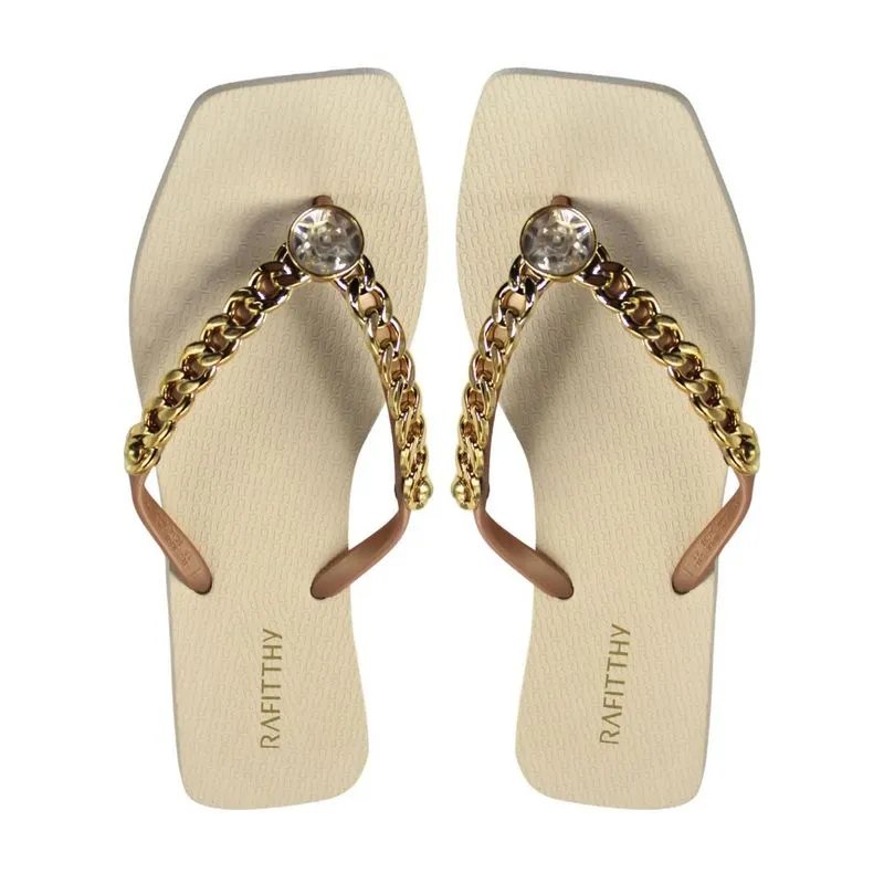 Chinelo Rasteiro Rafitthy Luxurious Corrente e Pedra 42 / Creme