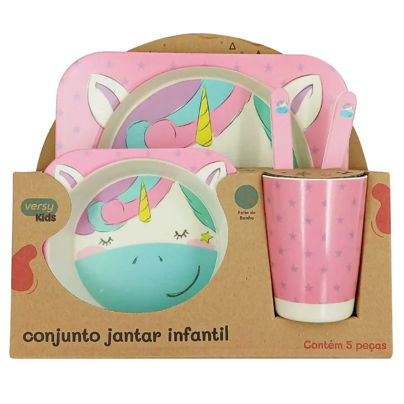 Jogo de Jantar Infantil 5 Peças em Bambu FWB-Rosa Unicórnio