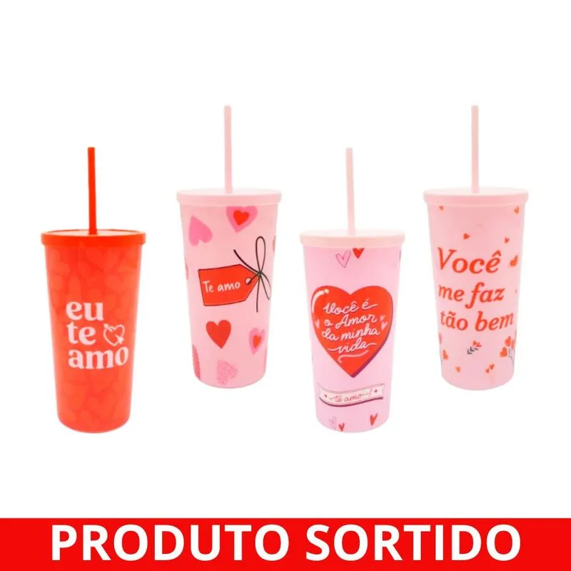 Copo Plástico 650ml com Canudo Coração FJ90692 Fwb - UN