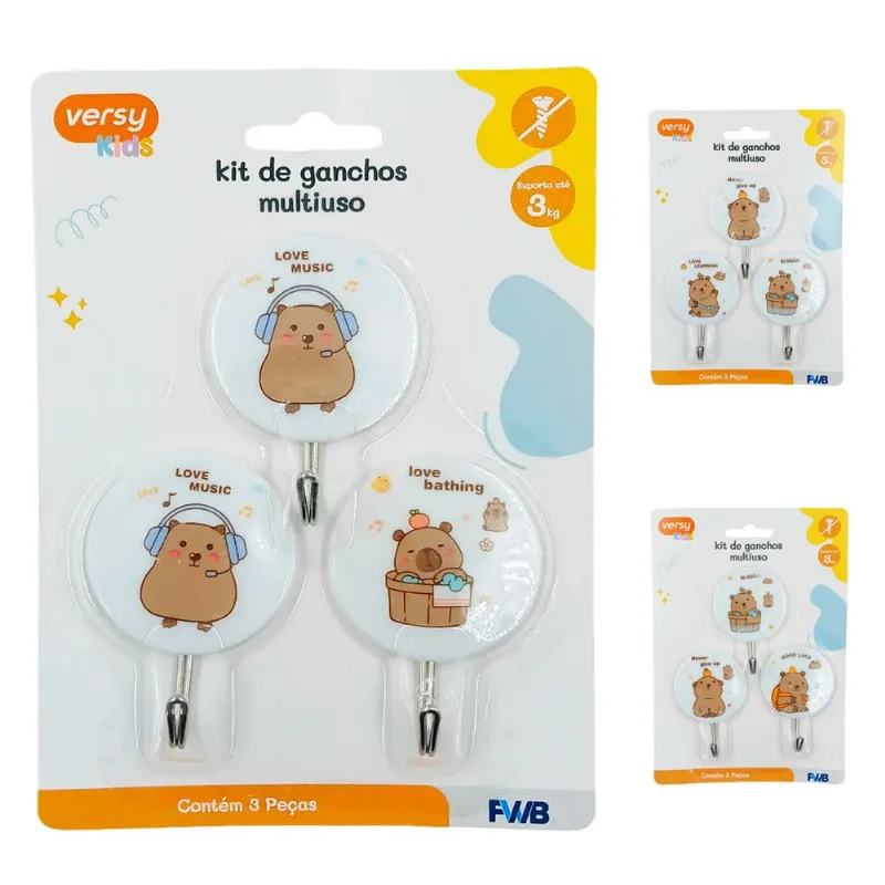 Jogo de Ganchos Capivara C/ Adesivo 3 Peças em Plástico FWB