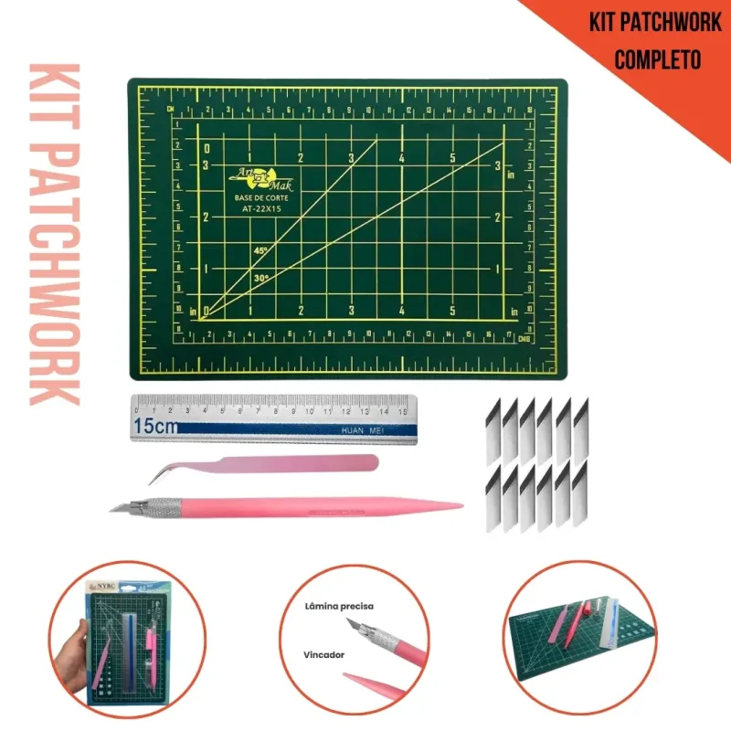 Kit Patchwork Completo Mini Base De Corte A5 22x15 Estilete+Pinça+Régua