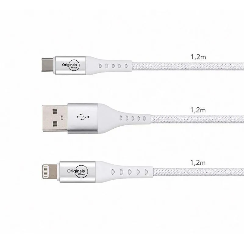 Kit 3 Cabos USB-C, Lightning e USB-A, Originais iPlace, Trançado