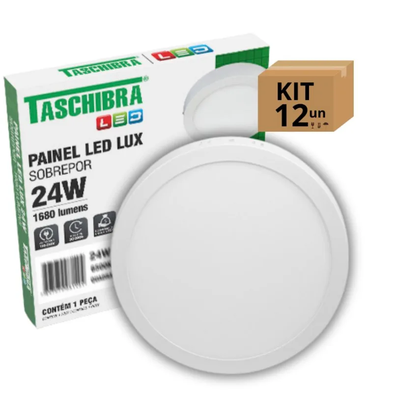 Kit 12un Painel Led Taschibra Sobrepor Redondo 24W 3000K