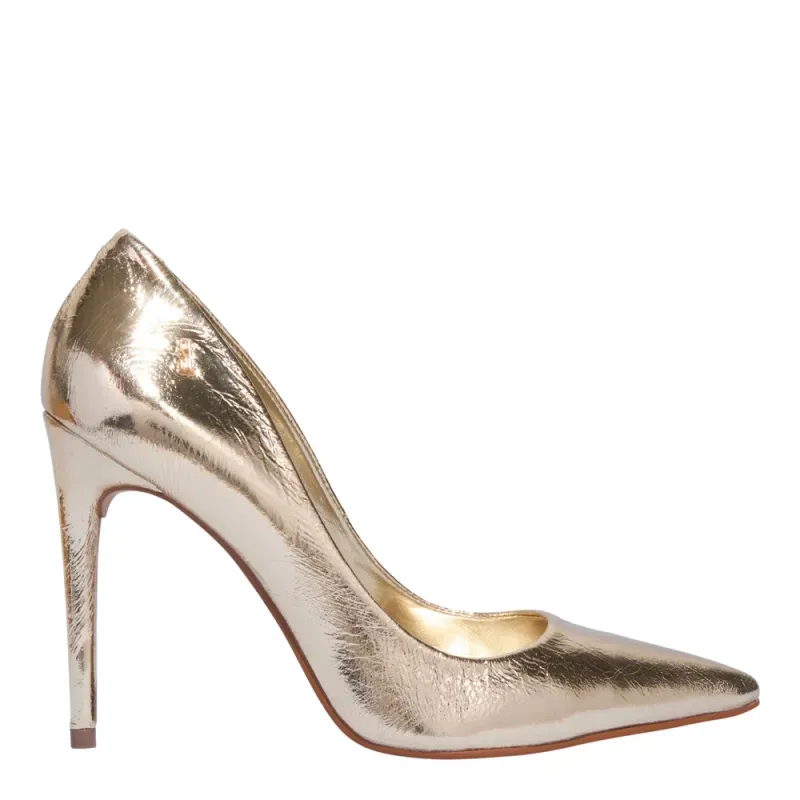 Scarpin Bico Fino Couro Metalizado Dourado Salto Alto 38
