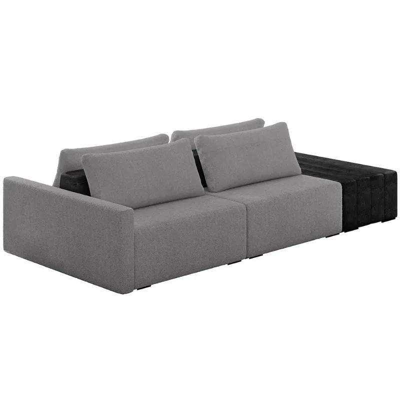 Sofá Ilha Modular Para Sala 232cm com Puff Dublin K01 Bouclê Cinza e Sintético Preto - Lyam Decor