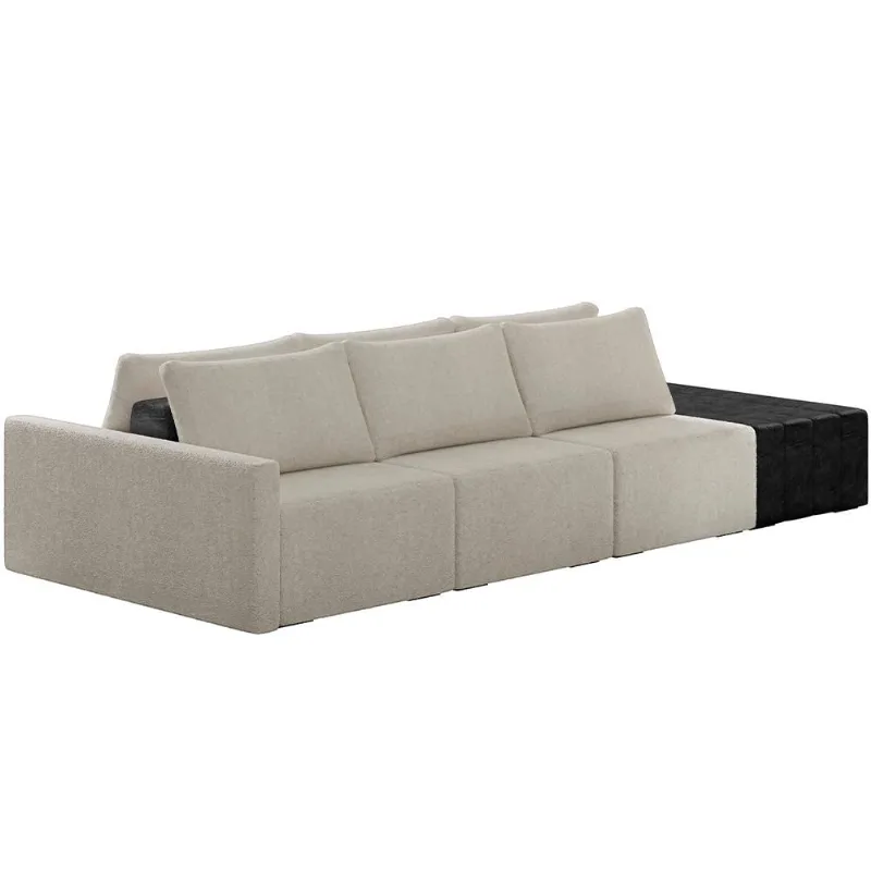 Sofá Ilha Modular Para Sala 312cm com Puff Dublin K01 Bouclê Creme e Sintético Preto - Lyam Decor