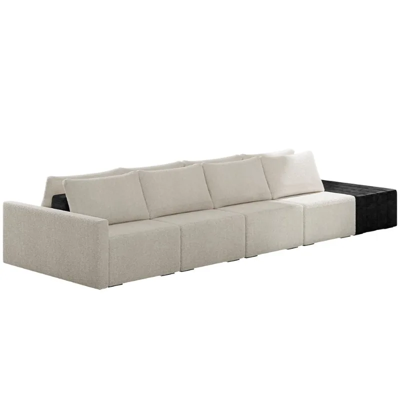 Sofá Ilha Modular Para Sala 392cm com Puff Dublin K01 Bouclê Creme e Sintético Preto - Lyam Decor