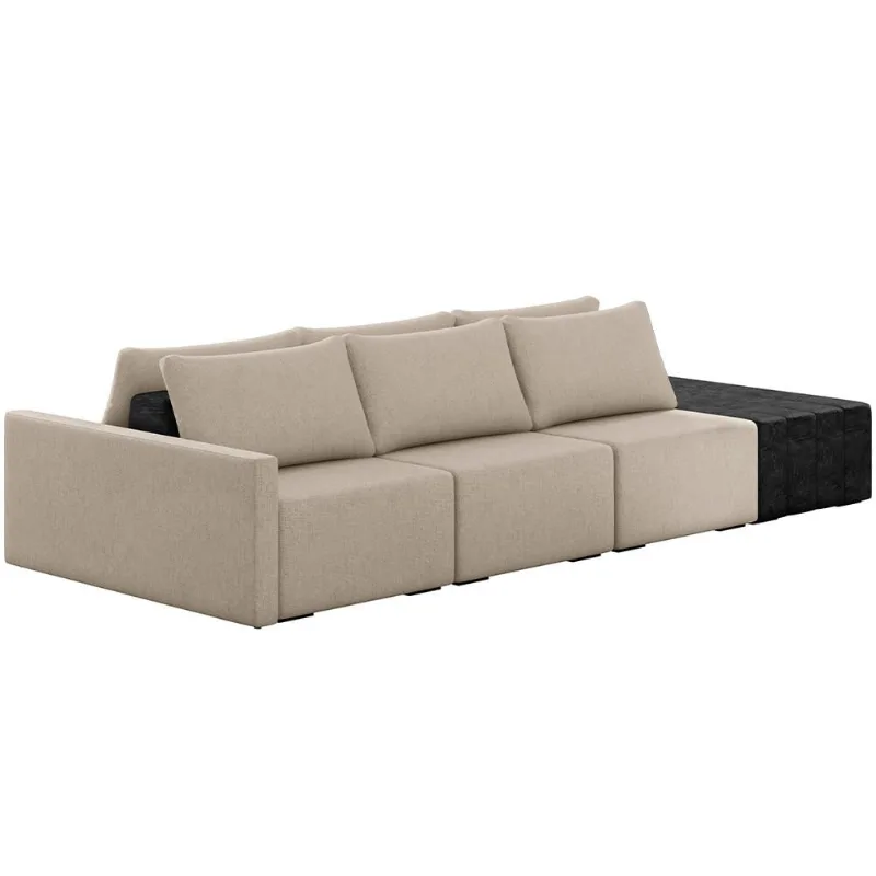 Sofá Ilha Modular Para Sala 312cm com Puff Dublin K01 Linho Bege e Sintético Preto - Lyam Decor