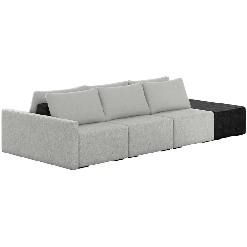 Sofá Ilha Modular Para Sala 312cm com Puff Dublin K01 Linho Cinza e Sintético Preto - Lyam Decor