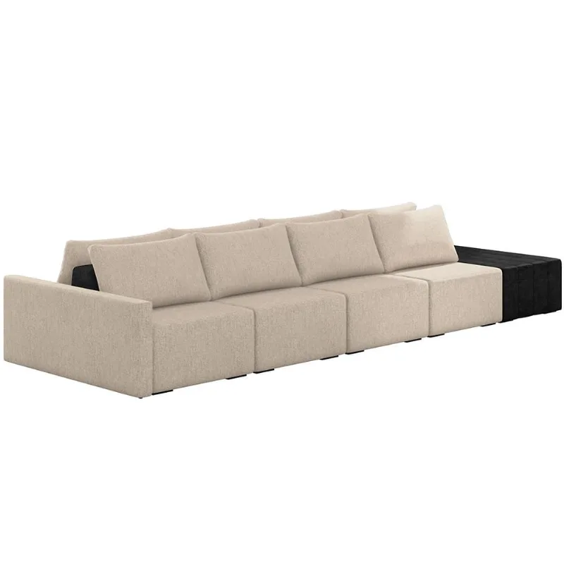 Sofá Ilha Modular Para Sala 392cm com Puff Dublin K01 Linho Bege e Sintético Preto - Lyam Decor